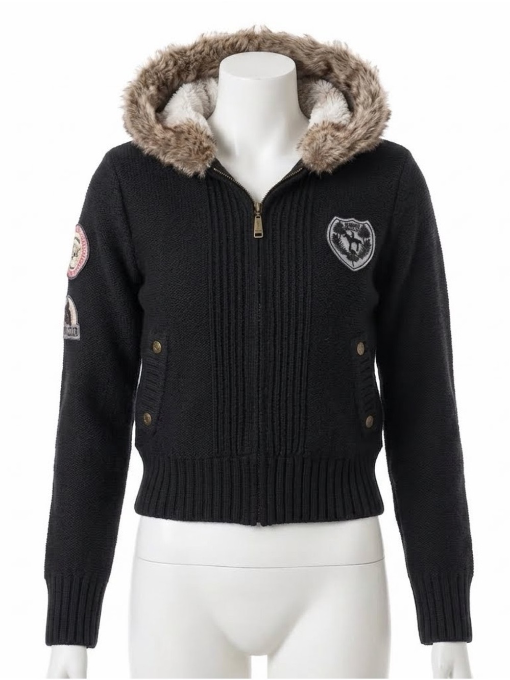 Black Y2K Slomsin Sherpa Fur Knot Zip Hoodie Crop Medium